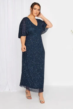 LUXE Curve Navy Blue Hand Embellished V-Neck Maxi Dress