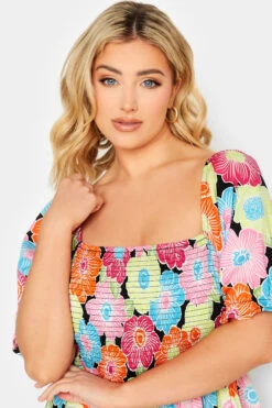 YOURS Curve Pink & Blue Floral Print Shirred Midi Dress -Saga Dresses Shop 003efe03 0599 4e 137285 D