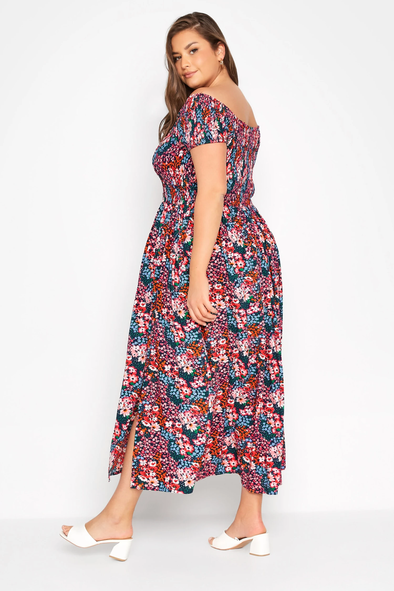 YOURS Curve Pink Floral Print Bardot Maxi Dress 2 YOURS Curve Pink Floral Print Bardot Maxi Dress - Image 2