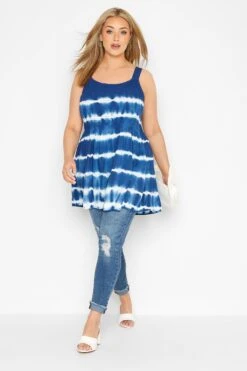 YOURS Curve Blue Tie Dye Shirred Peplum Vest Top