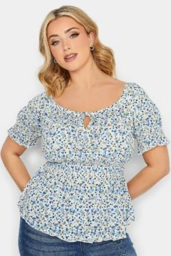 YOURS PETITE Curve White & Blue Floral Bardot Top -Saga Dresses Shop 020842ca d017 42 174467 D