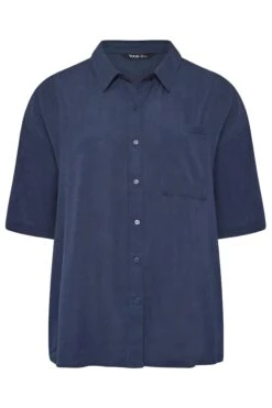 YOURS Curve Navy Blue Short Sleeve Crinkle Shirt -Saga Dresses Shop 02c2e591 d28a 49 131894 X