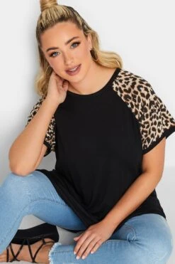 LIMITED COLLECTION Curve Black Leopard Print Raglan T-Shirt -Saga Dresses Shop 03b59593 e868 43 215775 D