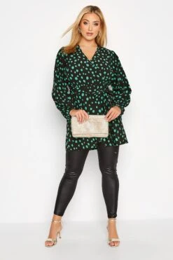YOURS Curve Black & Green Dalmatian Print Wrap Top