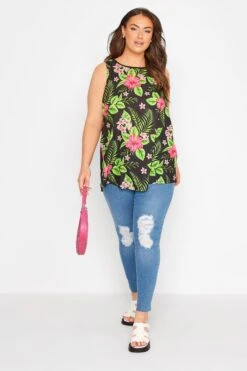 YOURS Curve Black Tropical Print Vest Top