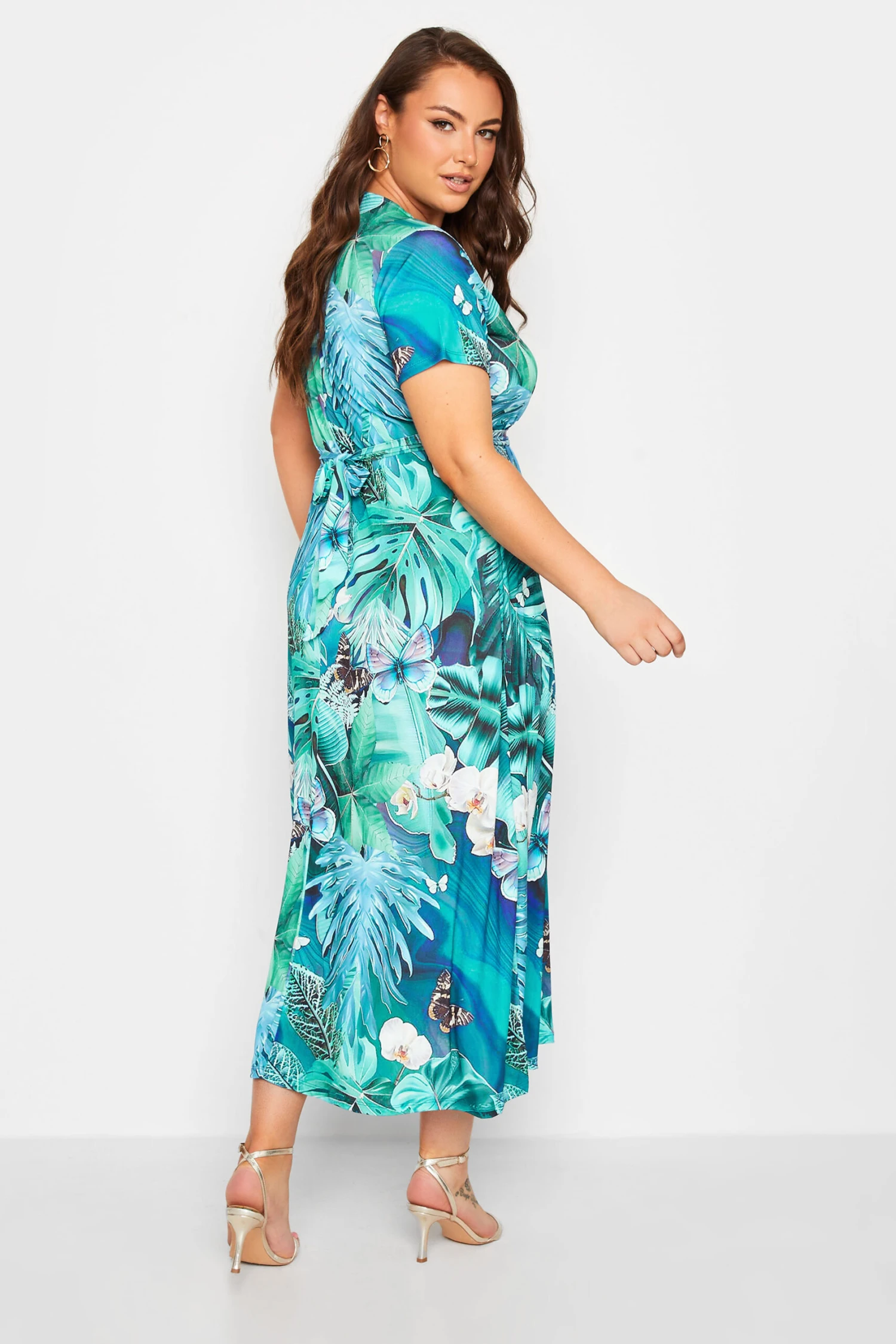 YOURS Curve Blue Leaf Print Wrap Neck Dress 2 YOURS Curve Blue Leaf Print Wrap Neck Dress - Image 2