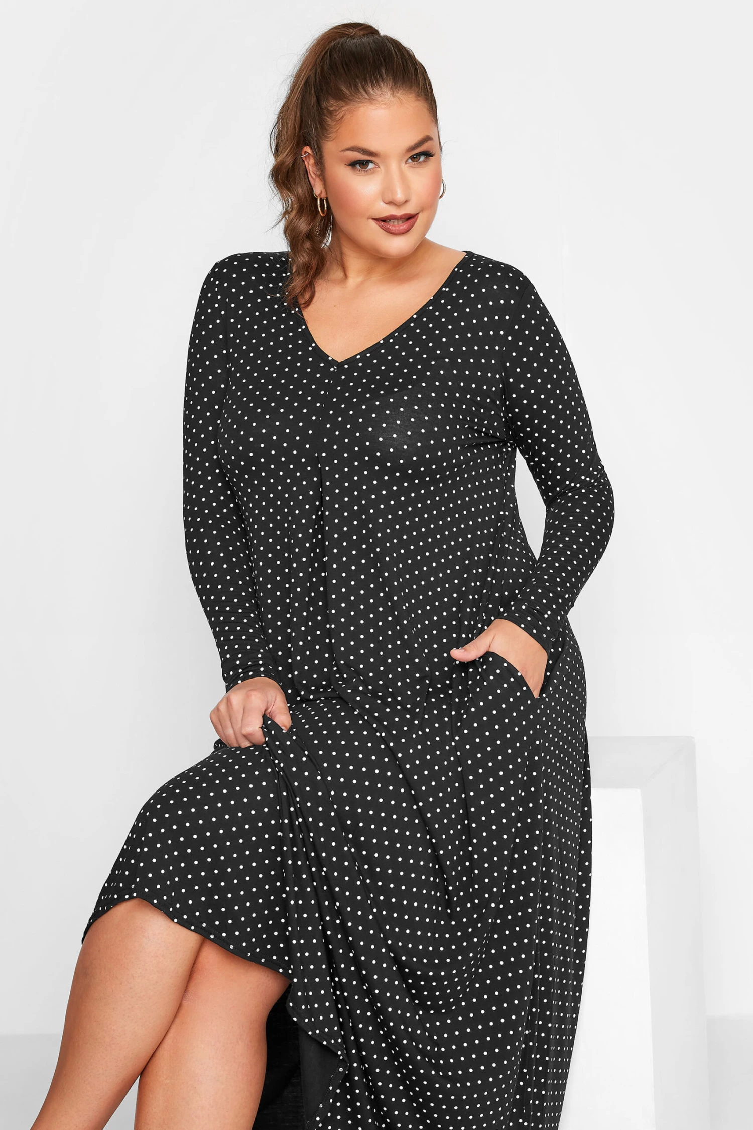 LIMITED COLLECTION Curve Black Polka Dot Pleat Front Dress 3 LIMITED COLLECTION Curve Black Polka Dot Pleat Front Dress - Image 3