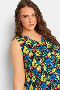 YOURS Curve Black & Yellow Floral Print Pleat Front Vest Top -Saga Dresses Shop 04e47e1e 1bb5 42 302262 D