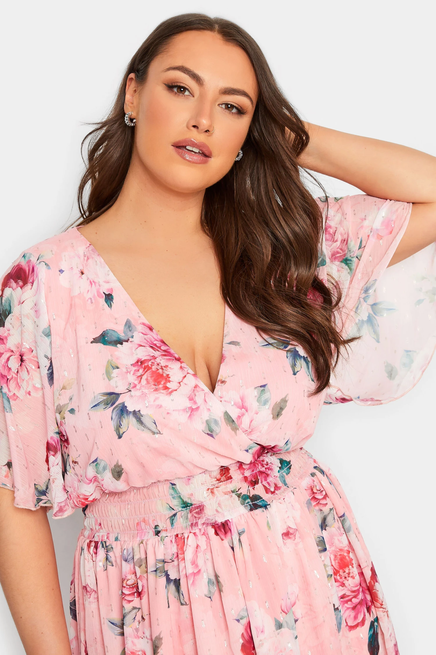 YOURS LONDON Curve Pink Angel Sleeve Floral Shirred Dress 3 YOURS LONDON Curve Pink Angel Sleeve Floral Shirred Dress - Image 3