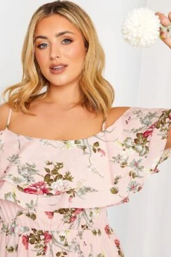 YOURS LONDON Curve Light Pink Floral Bardot Ruffle Maxi Dress -Saga Dresses Shop 0533832f 9f7c 45 161954 D