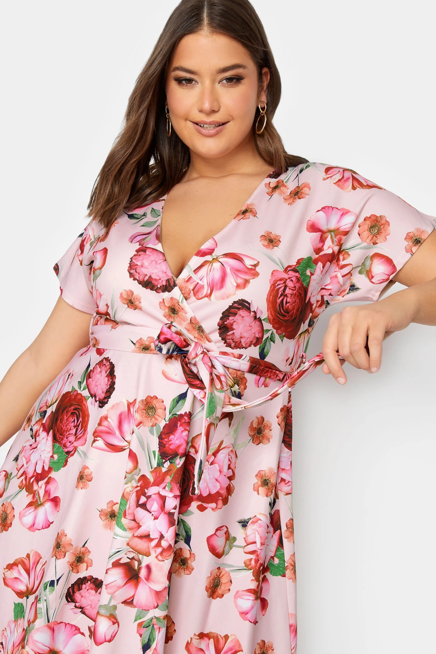 YOURS LONDON Curve Pink Floral Print Wrap Midi Dress 3 YOURS LONDON Curve Pink Floral Print Wrap Midi Dress - Image 3