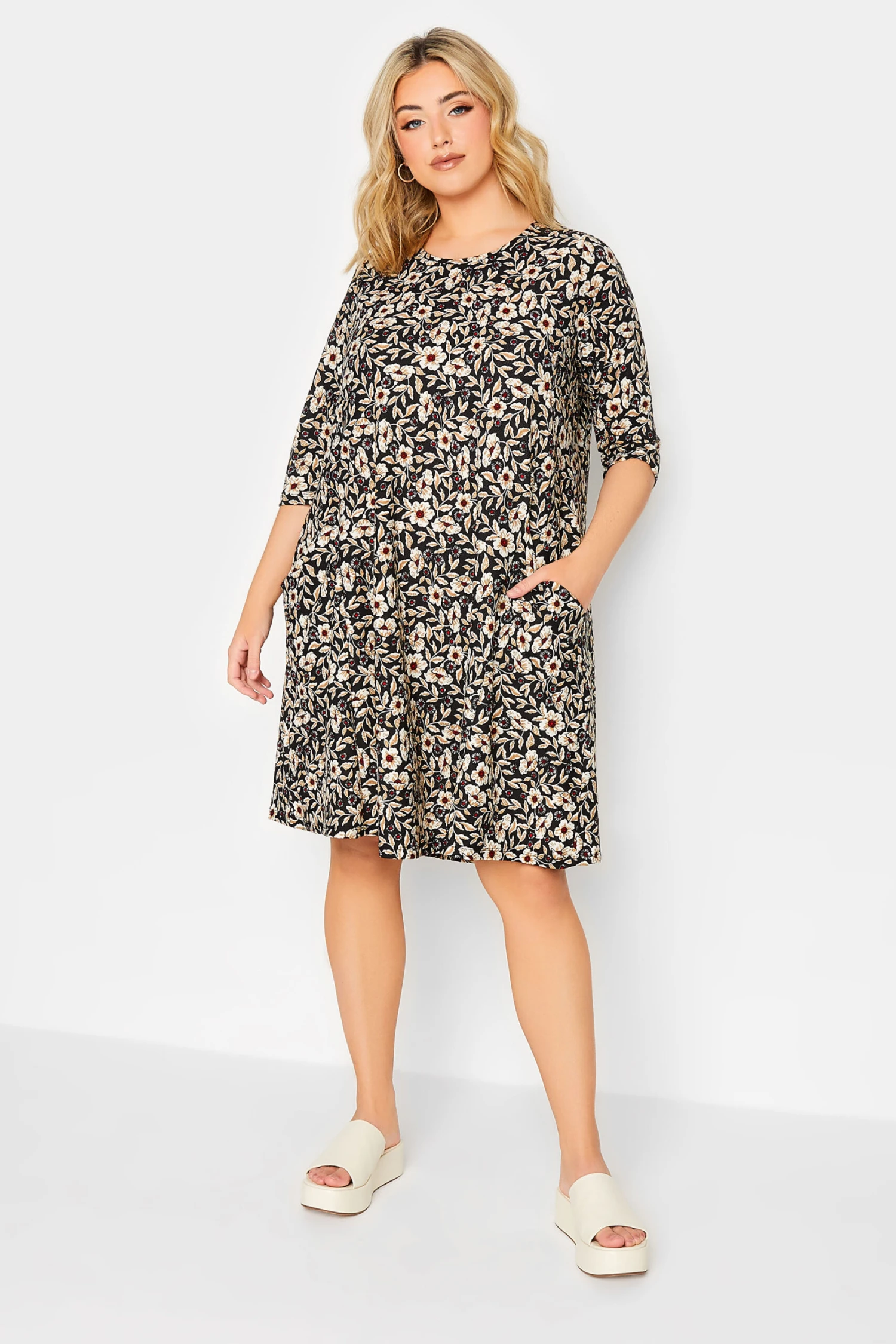 YOURS Curve Black Floral Print Drape Pocket Mini Dress 1 YOURS Curve Black Floral Print Drape Pocket Mini Dress