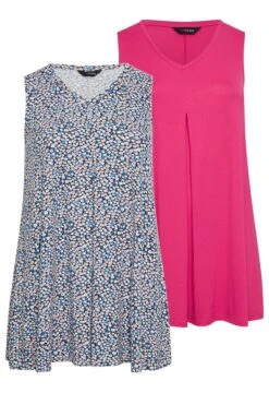 YOURS 2 PACK Curve Pink & Blue Ditsy Print Swing Vest Tops -Saga Dresses Shop 05a66961 702c 48 320796 XS