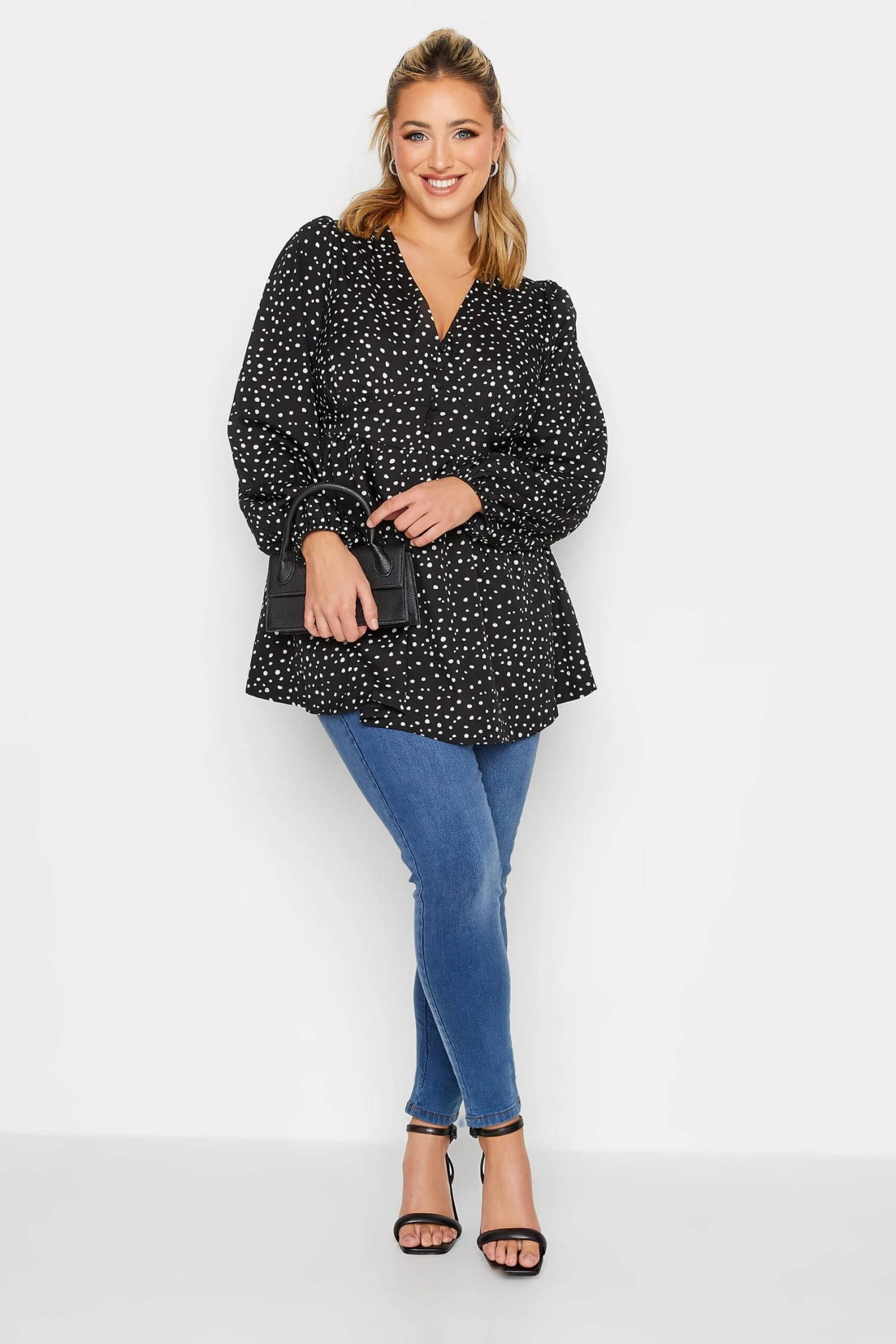LIMITED COLLECTION Curve Black Spot Print Peplum Blouse 1 LIMITED COLLECTION Curve Black Spot Print Peplum Blouse
