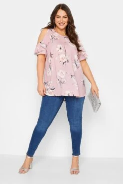 YOURS LONDON Curve Pink Floral Frill Cold Shoulder Top