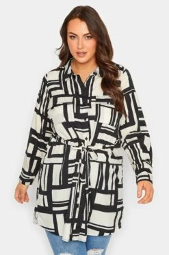 YOURS Curve Black & White Geometric Print Utility Pocket Shirt