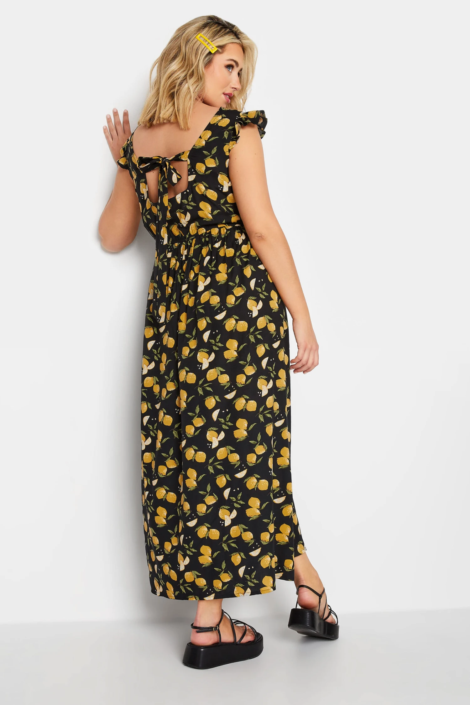 LIMITED COLLECTION Curve Black Lemons Print Frill Maxi Dress 2 LIMITED COLLECTION Curve Black Lemons Print Frill Maxi Dress - Image 2