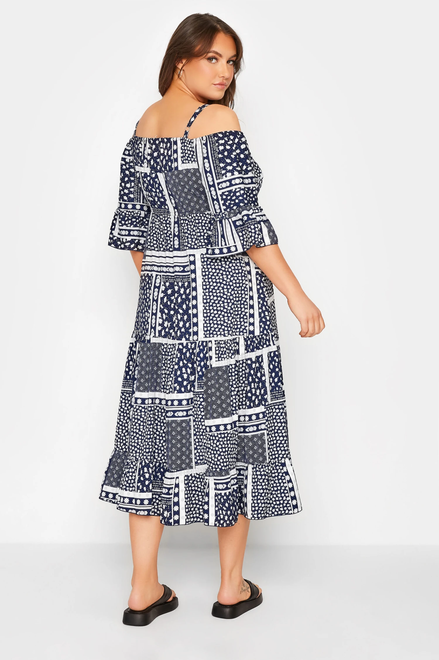 LIMITED COLLECTION Curve Navy Blue Patchwork Print Cold Shoulder Dress 2 LIMITED COLLECTION Curve Navy Blue Patchwork Print Cold Shoulder Dress - Image 2