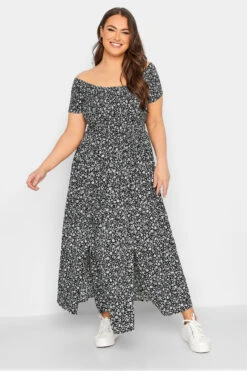 YOURS Curve Black Floral Shirred Bardot Maxi Dress