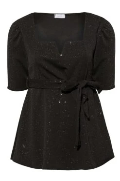 YOURS LONDON Curve Black Glitter Notch Neck Corset Peplum Top -Saga Dresses Shop 09d2b222 13d3 49 161691 X