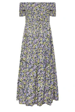 YOURS Curve Black & Purple Floral Shirred Bardot Maxi Dress -Saga Dresses Shop 0a37a984 224b 4b 137343 Y