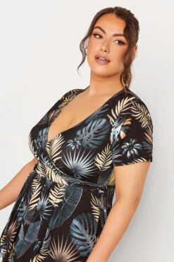 YOURS Curve Charcoal Black Leaf Print Wrap Dress -Saga Dresses Shop 0a5b086b b228 44 302153 D