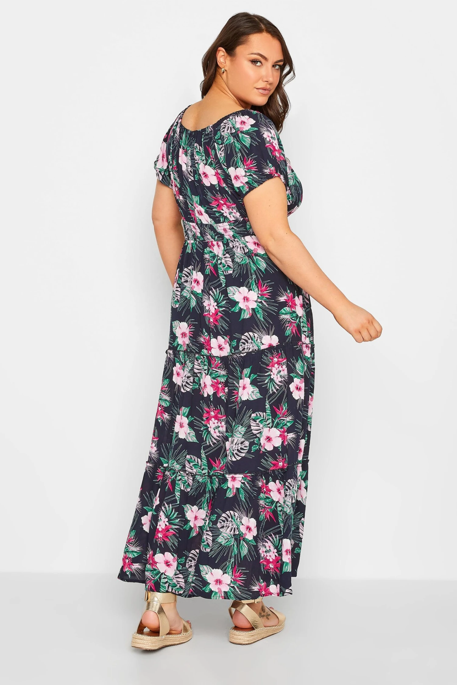 YOURS Curve Navy Blue Tropical Print Bardot Maxi Dress 2 YOURS Curve Navy Blue Tropical Print Bardot Maxi Dress - Image 2