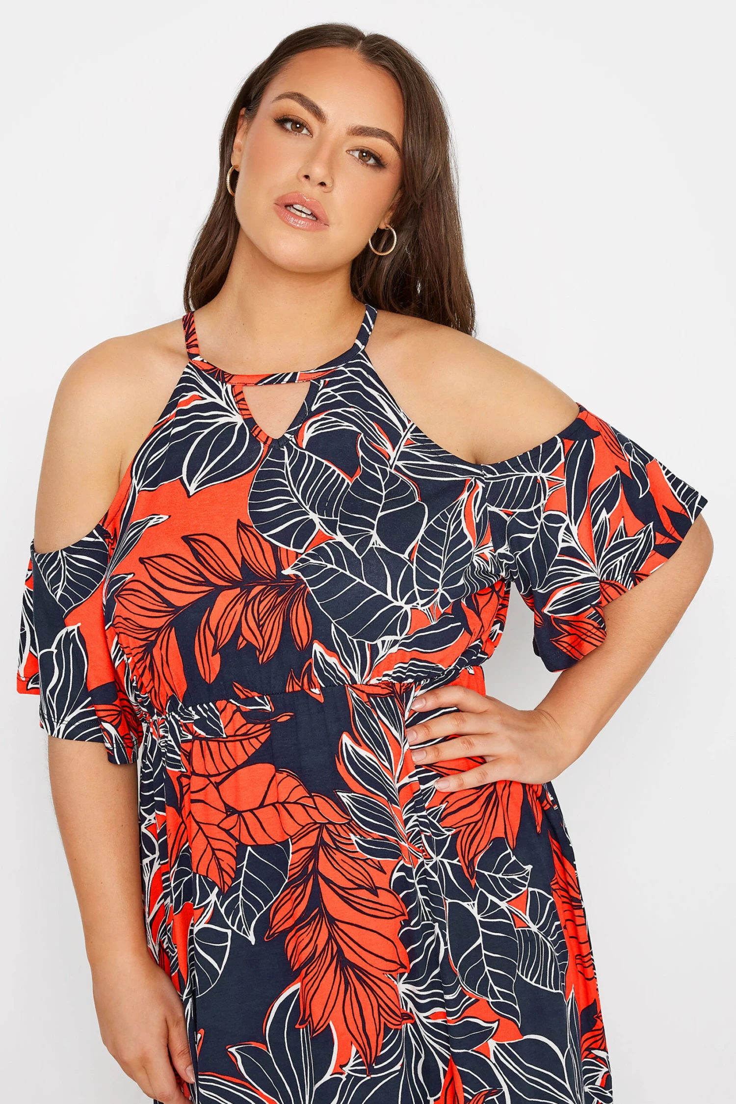 YOURS Curve Navy Blue Leaf Print Cold Shoulder Dress 3 YOURS Curve Navy Blue Leaf Print Cold Shoulder Dress - Image 3