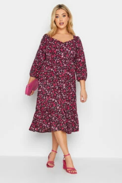 YOURS Curve Black & Pink Floral Smock Midi Dress