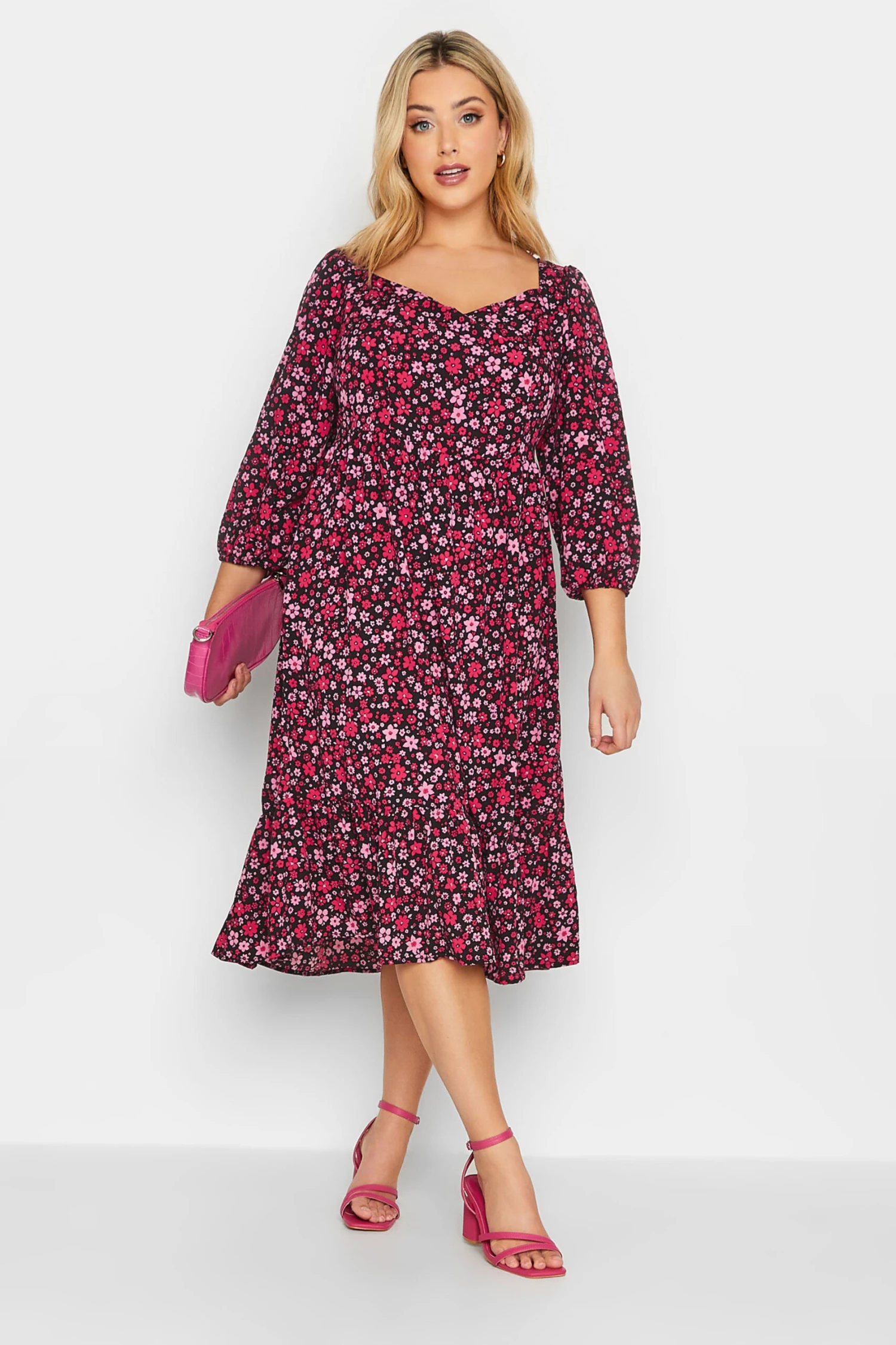 YOURS Curve Black & Pink Floral Smock Midi Dress 1 YOURS Curve Black & Pink Floral Smock Midi Dress