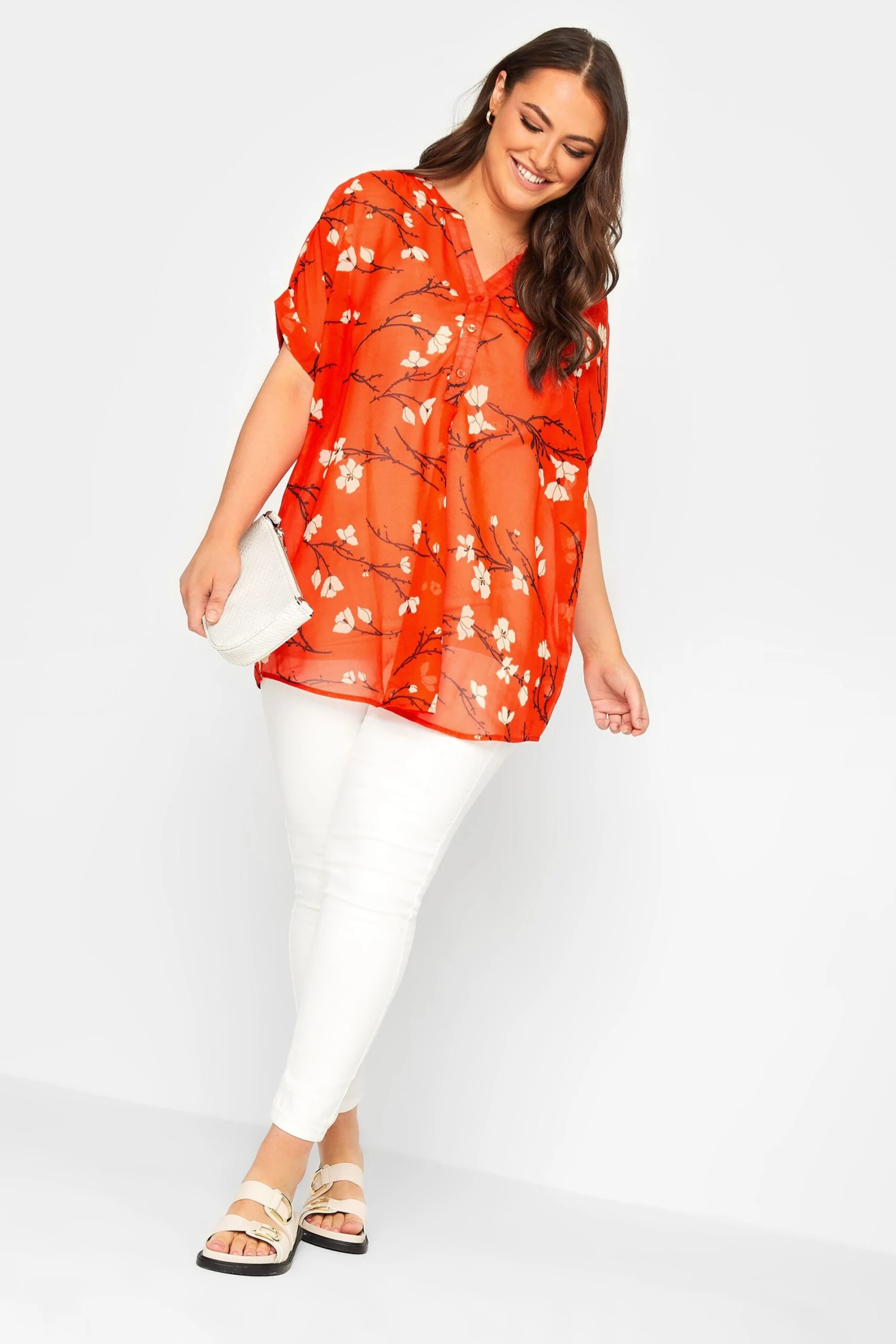 YOURS Curve Orange Floral Half Placket Shirt 1 YOURS Curve Orange Floral Half Placket Shirt