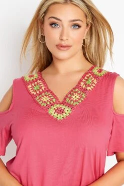 YOURS Curve Pink Crochet Neckline Cold Shoulder Tunic Top -Saga Dresses Shop 0cc201ba 9495 4a 300932 D