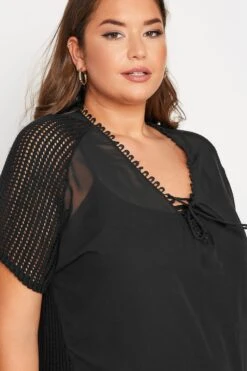 YOURS Curve Black Chiffon Short Sleeve Fringe Hem Top -Saga Dresses Shop 0cdb4d53 f378 44 301031 D