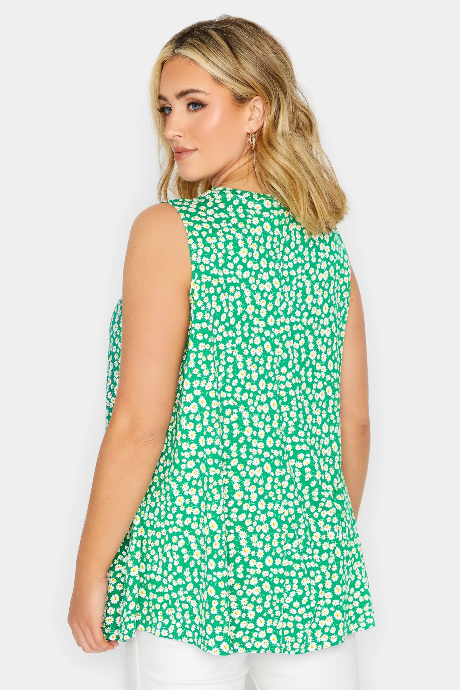 YOURS Curve Green Daisy Print Pleat Front Vest Top 2 YOURS Curve Green Daisy Print Pleat Front Vest Top - Image 2