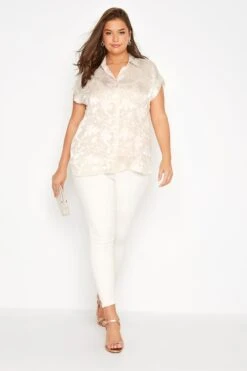 YOURS Curve Cream Satin Leaf Print Shirt