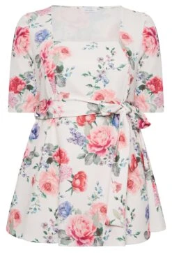 YOURS LONDON Curve White & Pink Floral Print Peplum Top -Saga Dresses Shop 118c01a1 ab4f 46 162182 X