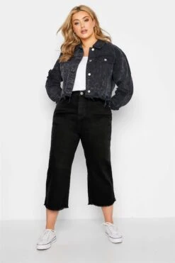 YOURS Curve Black Stretch Wide Leg Cropped Jeans