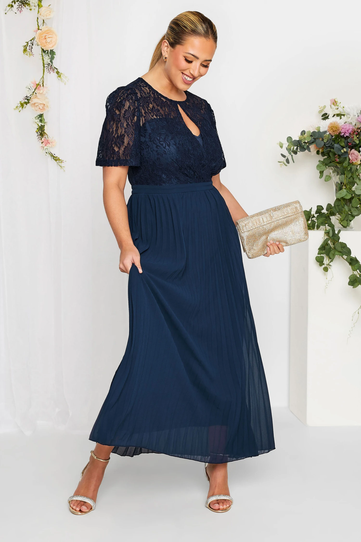 YOURS LONDON Curve Navy Blue Lace Puff Sleeve Pleated Maxi Dress 1 YOURS LONDON Curve Navy Blue Lace Puff Sleeve Pleated Maxi Dress