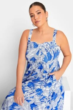 YOURS Curve Blue Tropical Print Shirred Strappy Sundress -Saga Dresses Shop 1231e0b0 9dcd 49 137464 D