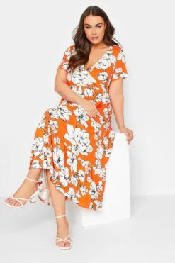 YOURS Curve Orange Floral V-Neck Tiered Wrap Dress