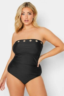 YOURS Curve Black Eyelet Detail Bandeau Tummy Control Swimsuit