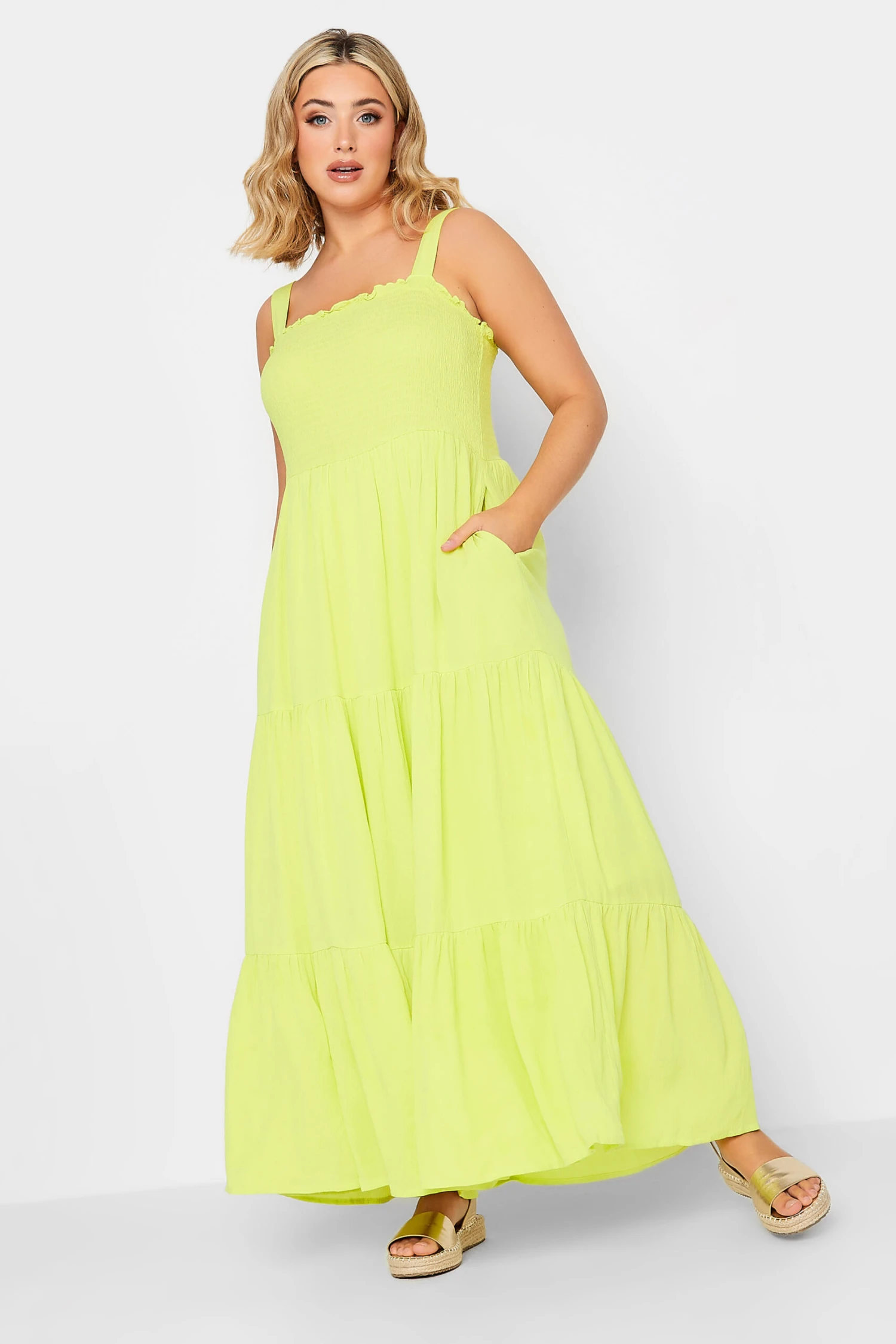 YOURS Curve Lime Green Shirred Strappy Sundress 1 YOURS Curve Lime Green Shirred Strappy Sundress