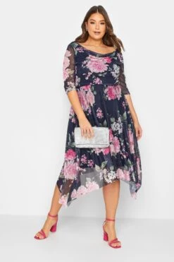 YOURS LONDON Curve Blue Floral Cowl Neck Mesh Dress