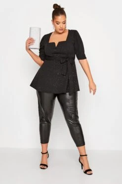 YOURS LONDON Curve Black Glitter Notch Neck Corset Peplum Top