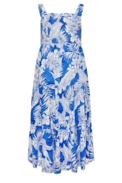 YOURS Curve Blue Tropical Print Shirred Strappy Sundress