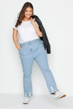 YOURS Curve Light Blue Ripped Hem Stretch Straight Leg Jeans