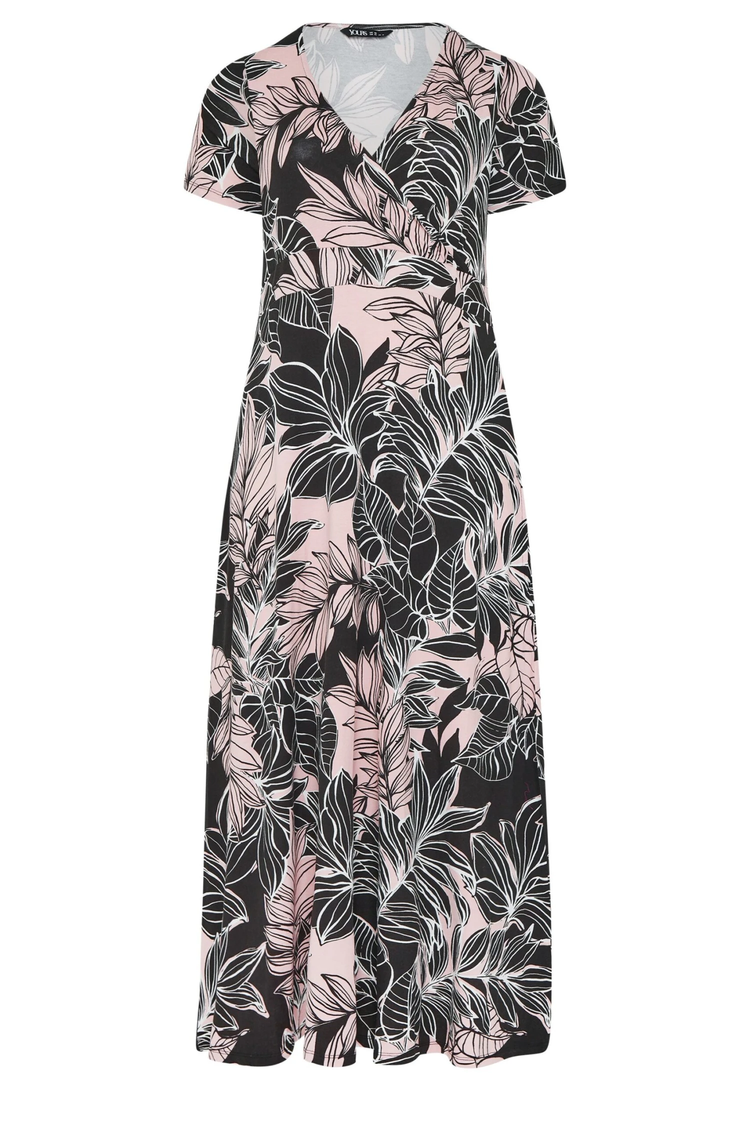 YOURS Curve Black & Pink Leaf Print V-Neck Midaxi Dress 5 YOURS Curve Black & Pink Leaf Print V-Neck Midaxi Dress - Image 5