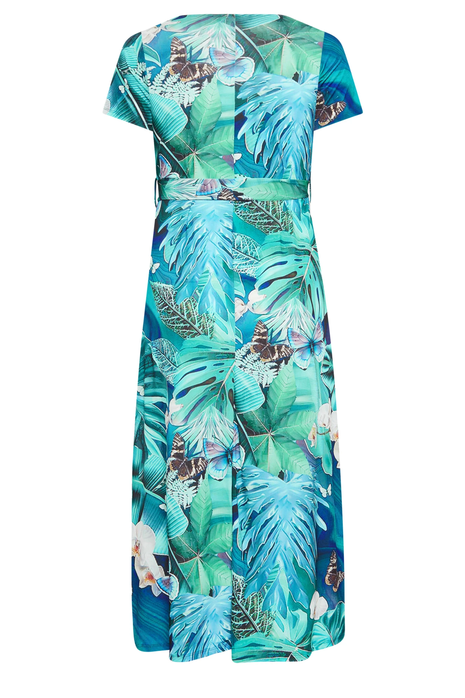 YOURS Curve Blue Leaf Print Wrap Neck Dress 6 YOURS Curve Blue Leaf Print Wrap Neck Dress - Image 6