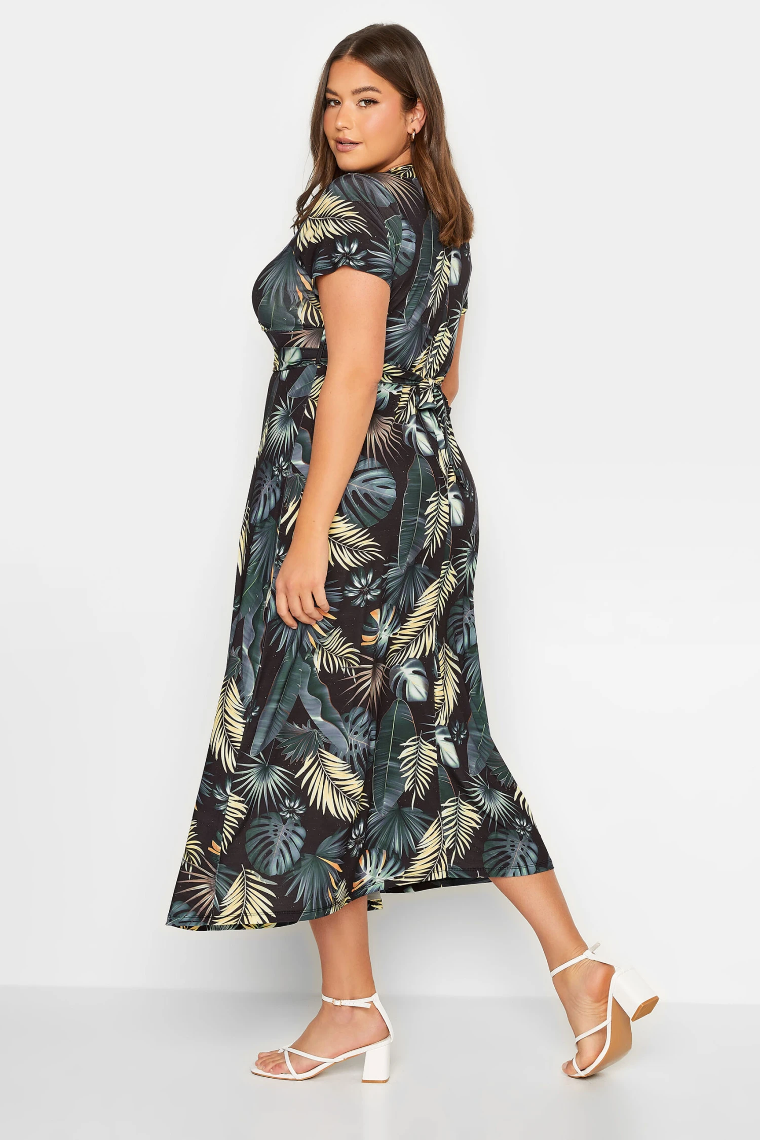 YOURS Curve Black Tropical Leaf Print Wrap Dress 2 YOURS Curve Black Tropical Leaf Print Wrap Dress - Image 2