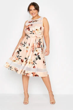 YOURS LONDON Curve Pink Floral Mesh Panel Skater Dress